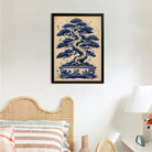 Framed Bonsai Tree Art Print, Blue & White Ceramic Pot Design, Elegant Home Decor for Living Room or Staircase
