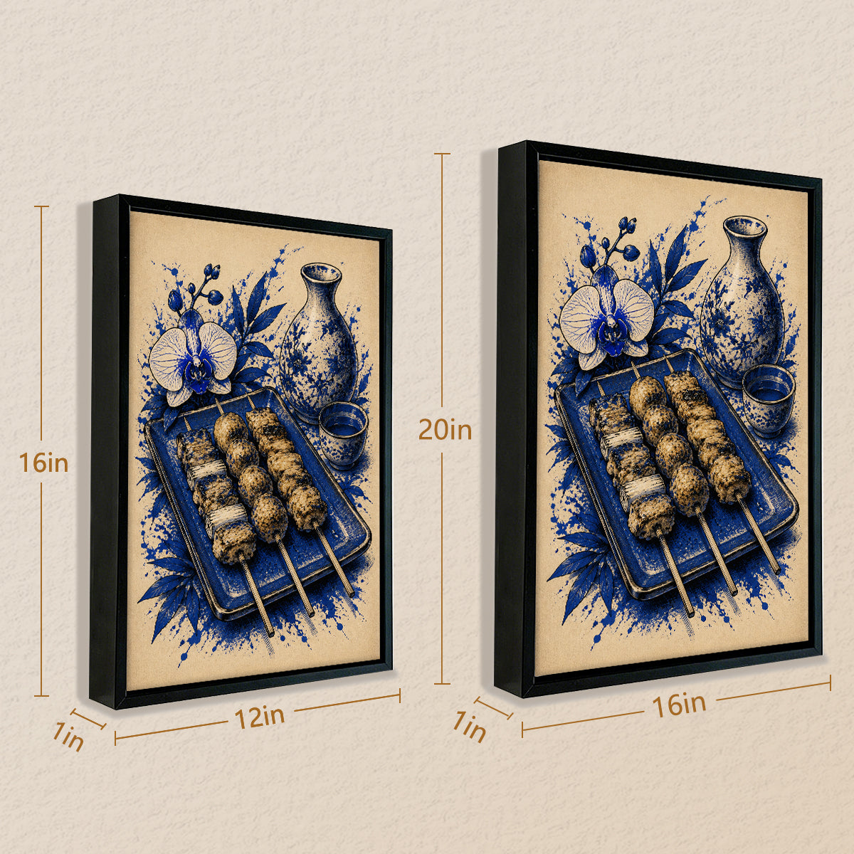 Framed Japanese Yakiniku Art Print, Blue & White Floral Design, High-Quality Giclee on Canvas, Perfect for Kitchen or Dining Room Décor