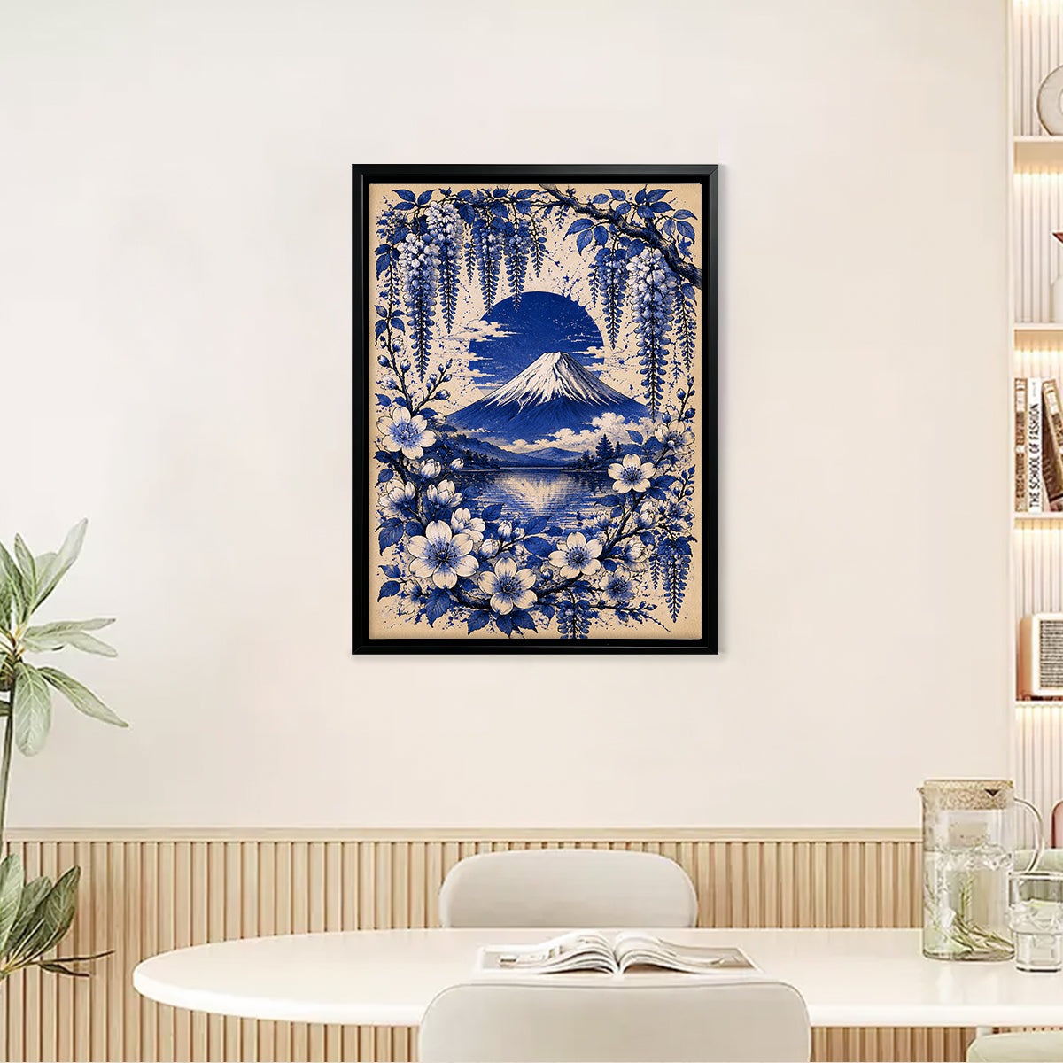 Framed Mount Fuji Floral Art Print, Blue and White Japanese Style, Perfect for Home Decor or Gift