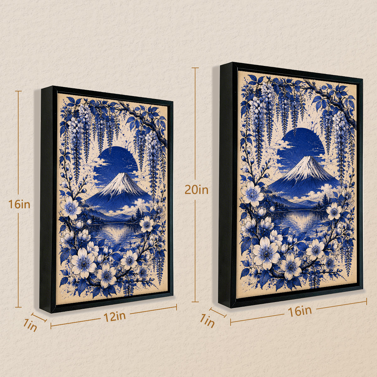Framed Mount Fuji Floral Art Print, Blue and White Japanese Style, Perfect for Home Decor or Gift
