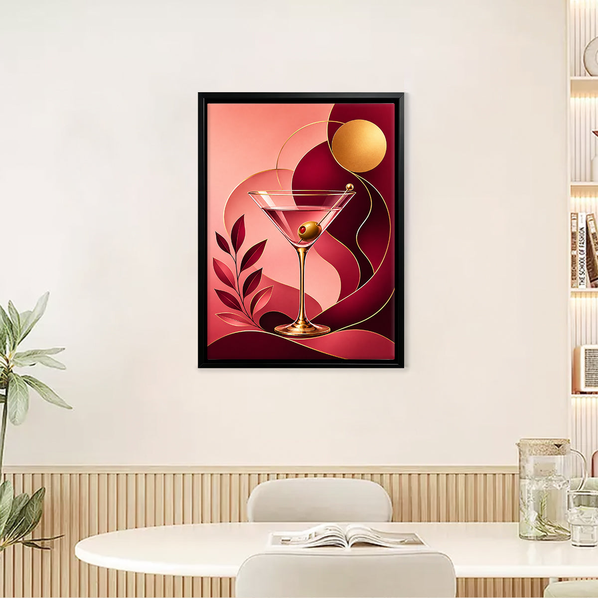 Modern Martini Glass Art Print, Elegant Cocktail Design, Framed Canvas for Living Room or Bar Decor