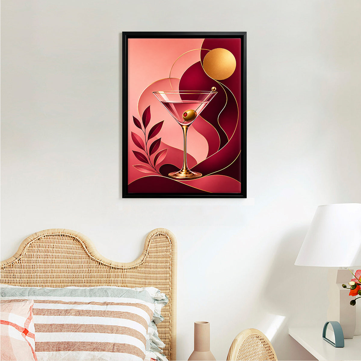 Modern Martini Glass Art Print, Elegant Cocktail Design, Framed Canvas for Living Room or Bar Decor