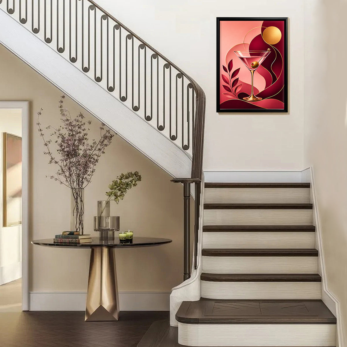 Modern Martini Glass Art Print, Elegant Cocktail Design, Framed Canvas for Living Room or Bar Decor