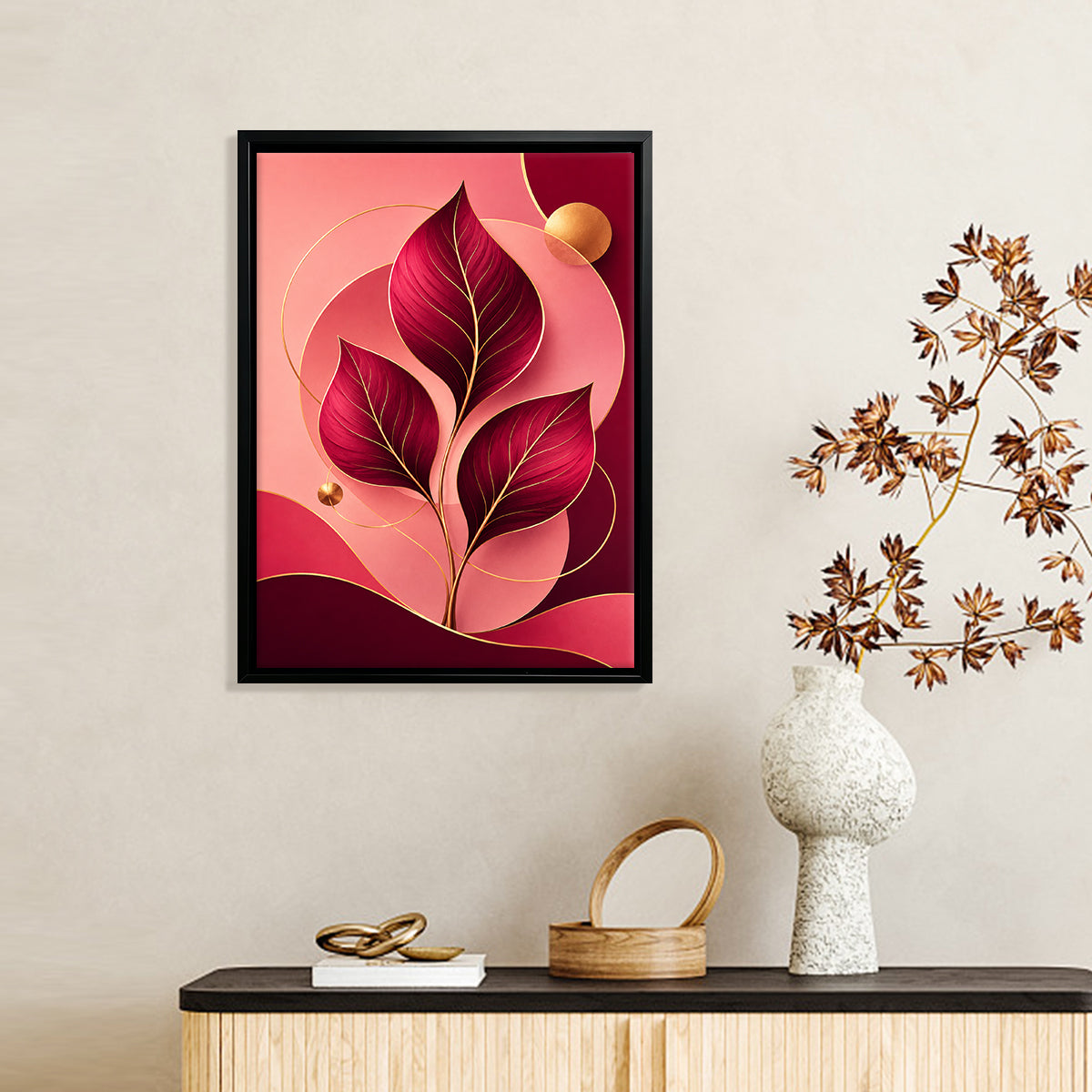 Modern Framed Leaf Art Print with Gold Accents, Elegant Home Decor for Living Room or Hallway