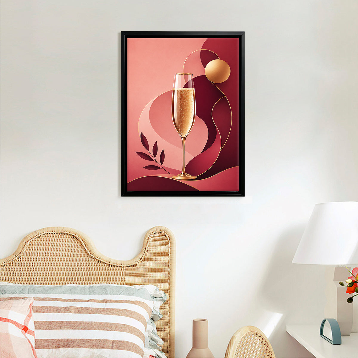 Modern Framed Art Print of Champagne Glass with Abstract Design, Elegant Home Decor for Living Room or Bedroom