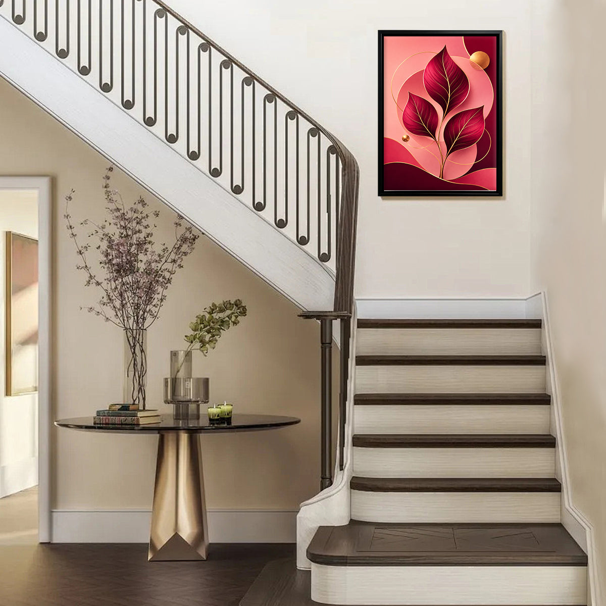 Modern Framed Leaf Art Print with Gold Accents, Elegant Home Decor for Living Room or Hallway