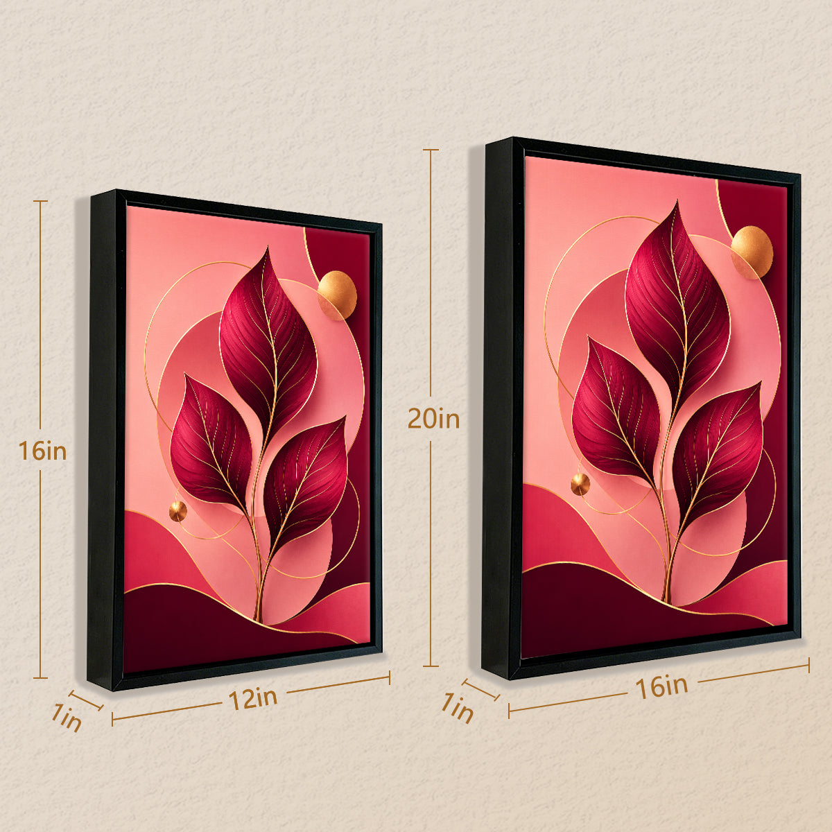 Modern Framed Leaf Art Print with Gold Accents, Elegant Home Decor for Living Room or Hallway