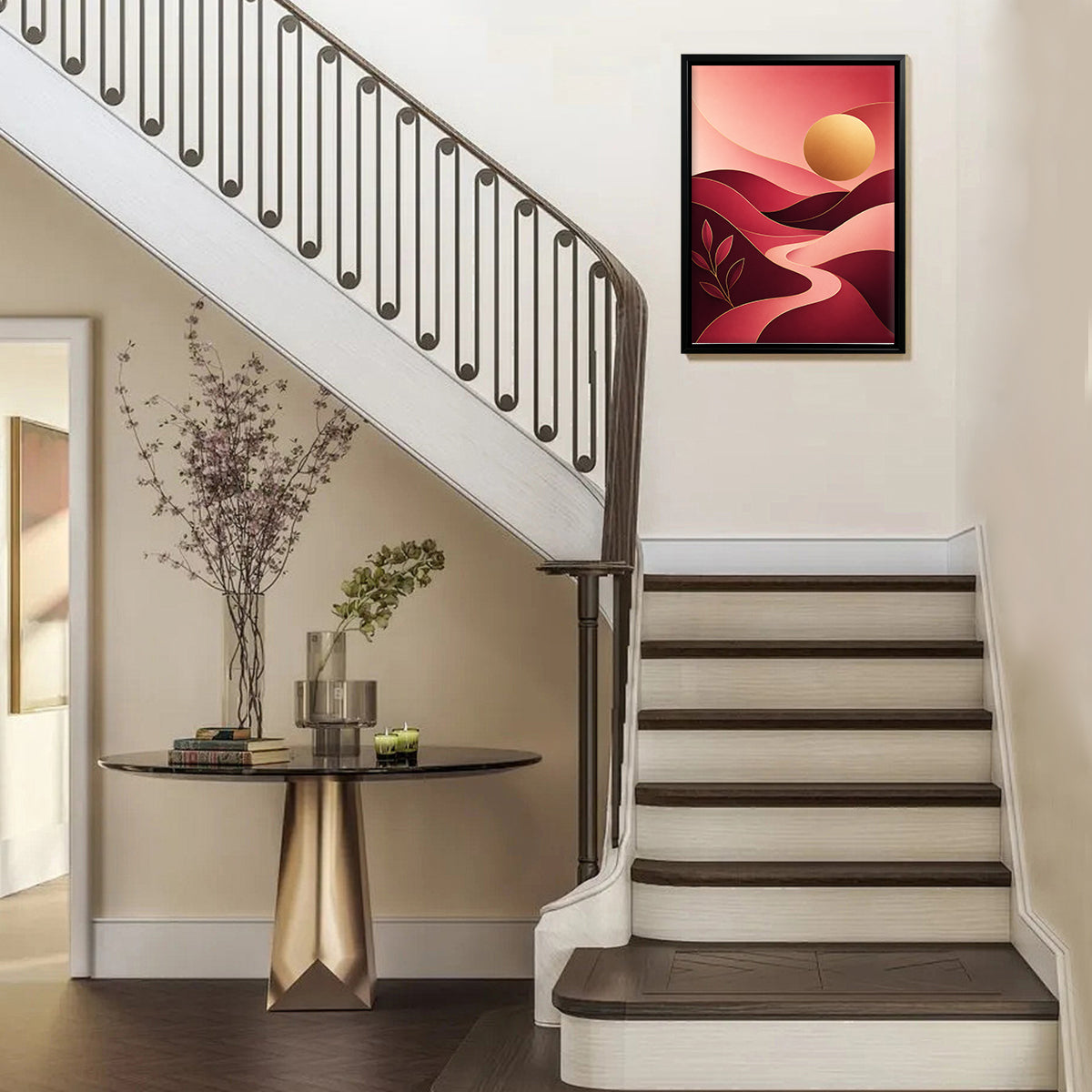 Abstract Sunset Landscape Art Print in Black Frame - Modern Home Decor for Living Room or Bedroom