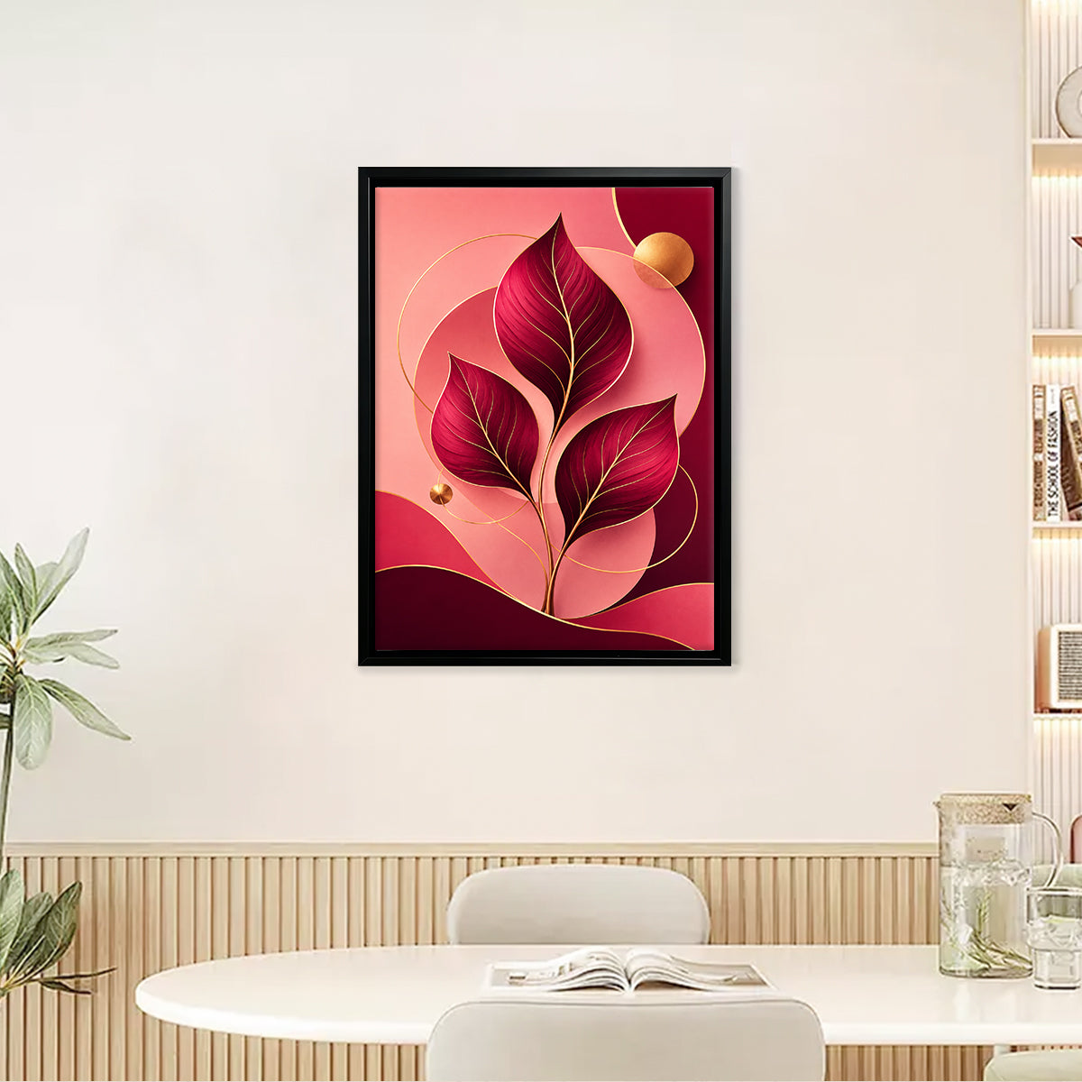 Modern Framed Leaf Art Print with Gold Accents, Elegant Home Decor for Living Room or Hallway