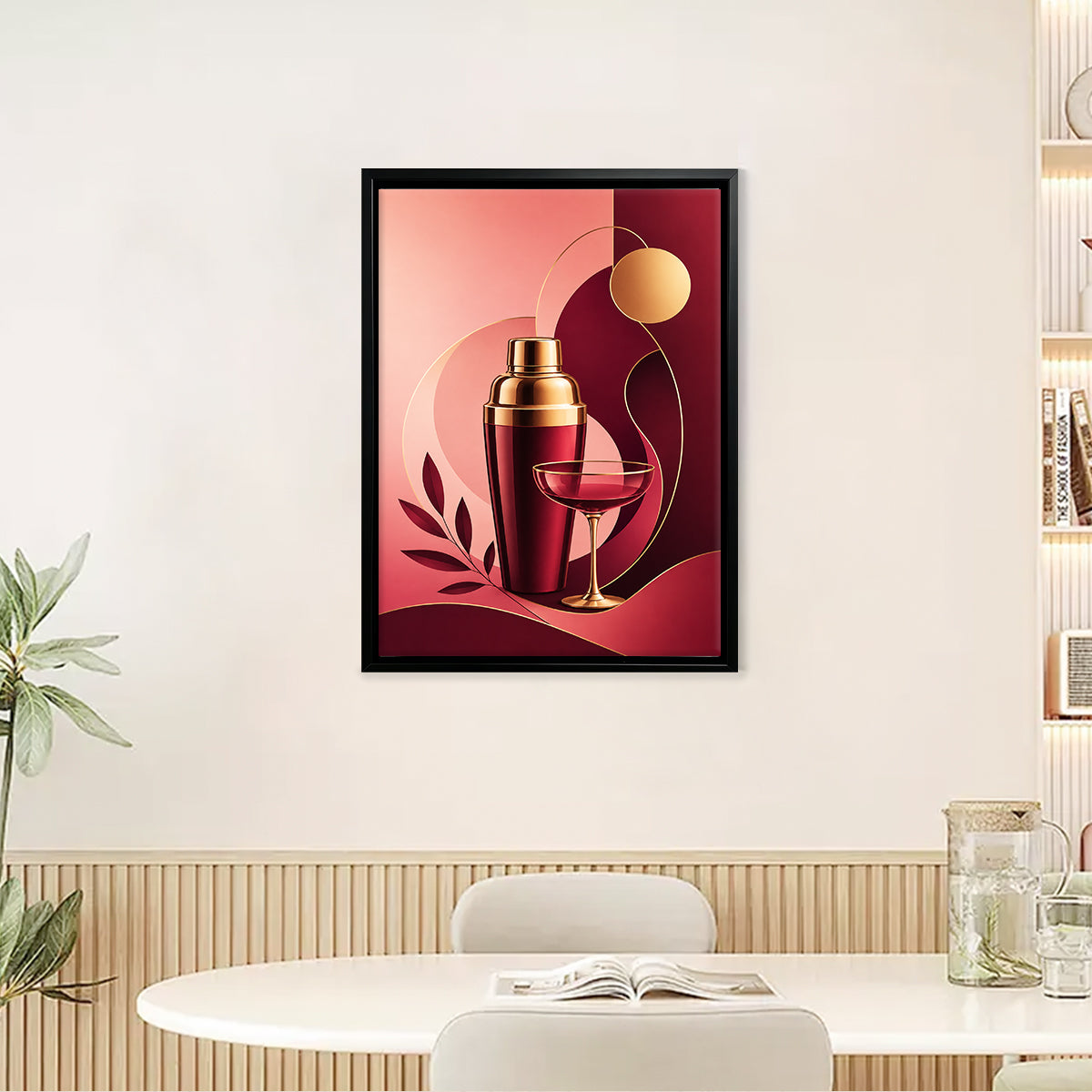 Modern Red & Gold Cocktail Shaker and Glass Art Print, Elegant Home Decor for Living Room or Bar