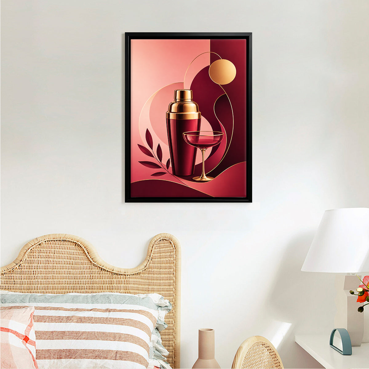 Modern Red & Gold Cocktail Shaker and Glass Art Print, Elegant Home Decor for Living Room or Bar