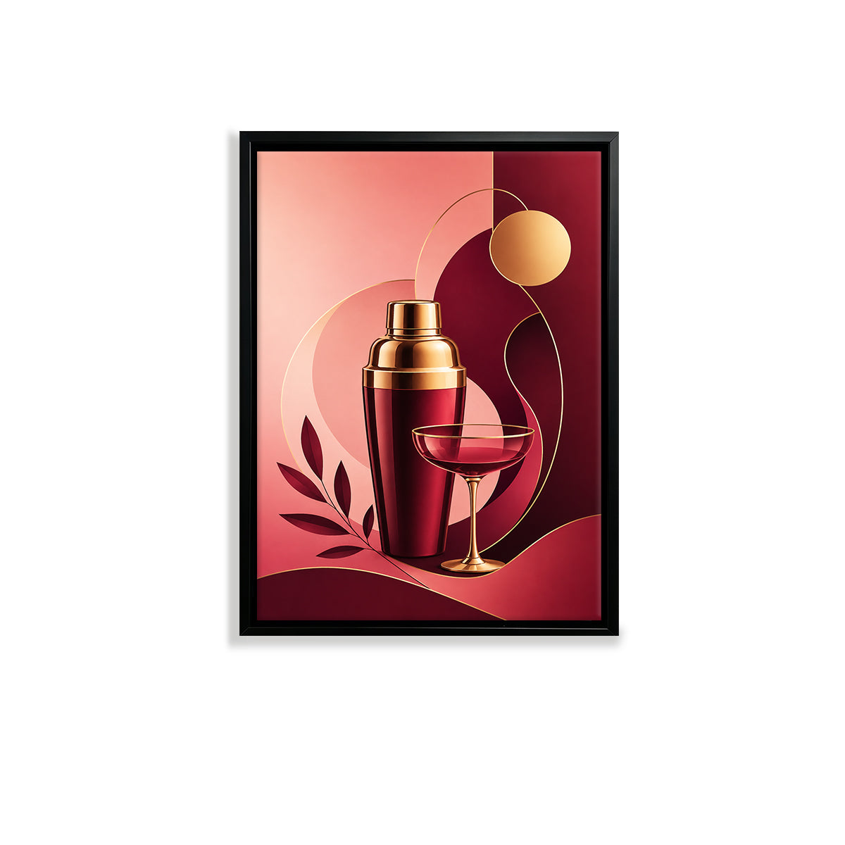 Modern Red & Gold Cocktail Shaker and Glass Art Print, Elegant Home Decor for Living Room or Bar