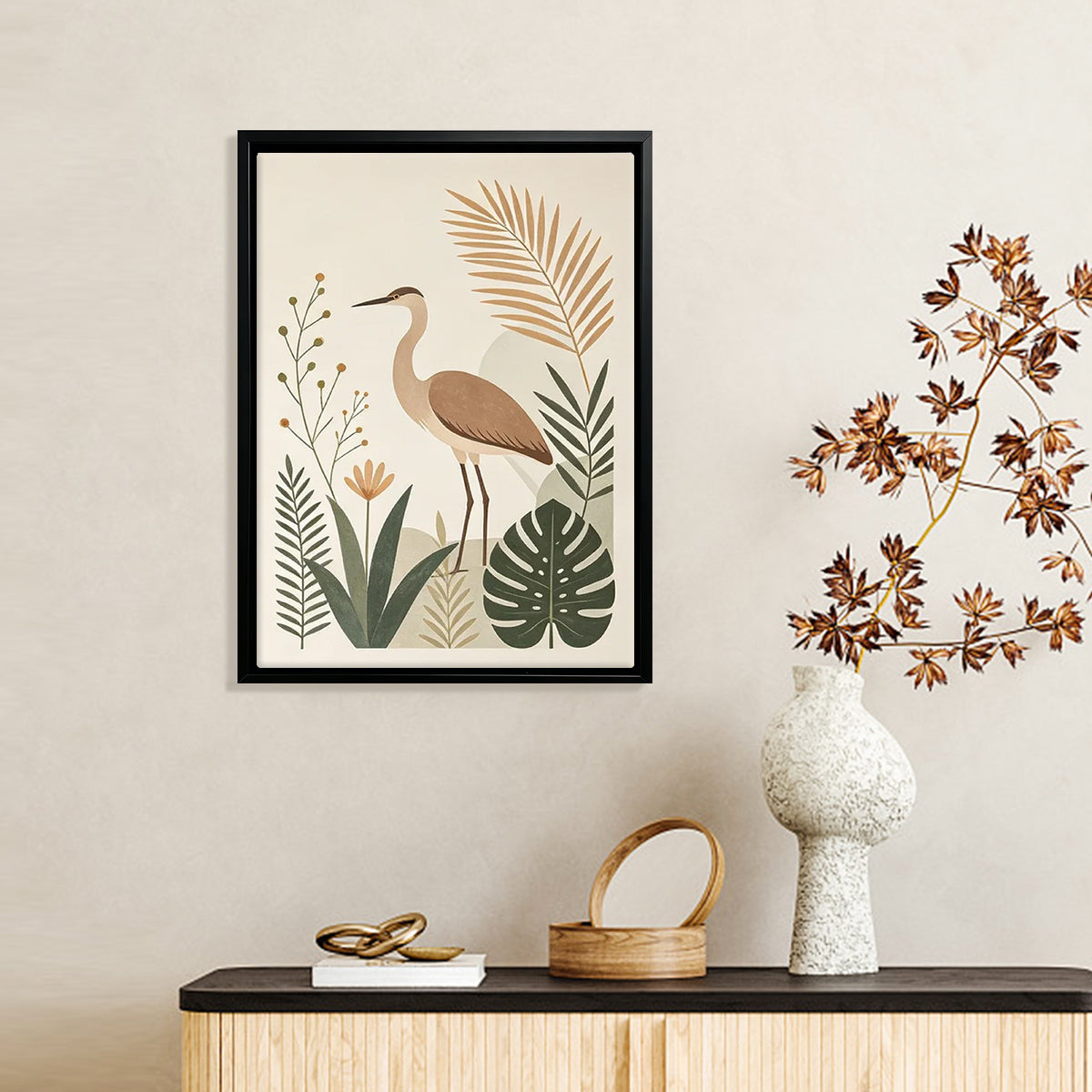 Framed Bird Art Print with Tropical Plants, Modern Home Decor, High-Quality Matte Finish