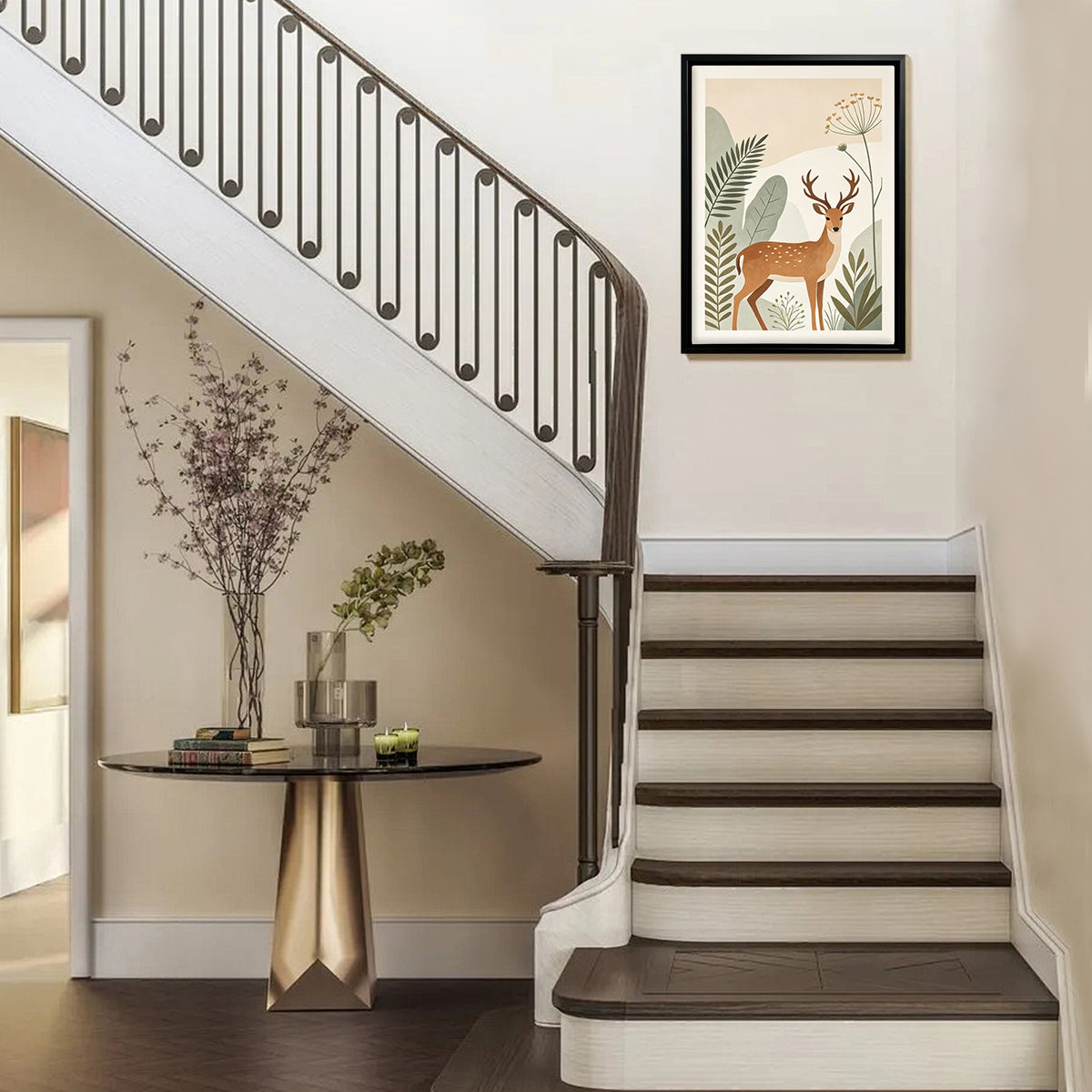 Framed Deer Art Print with Botanical Design, Modern Nordic Style, High-Quality Matte Finish, Perfect for Home Decor in Any Room