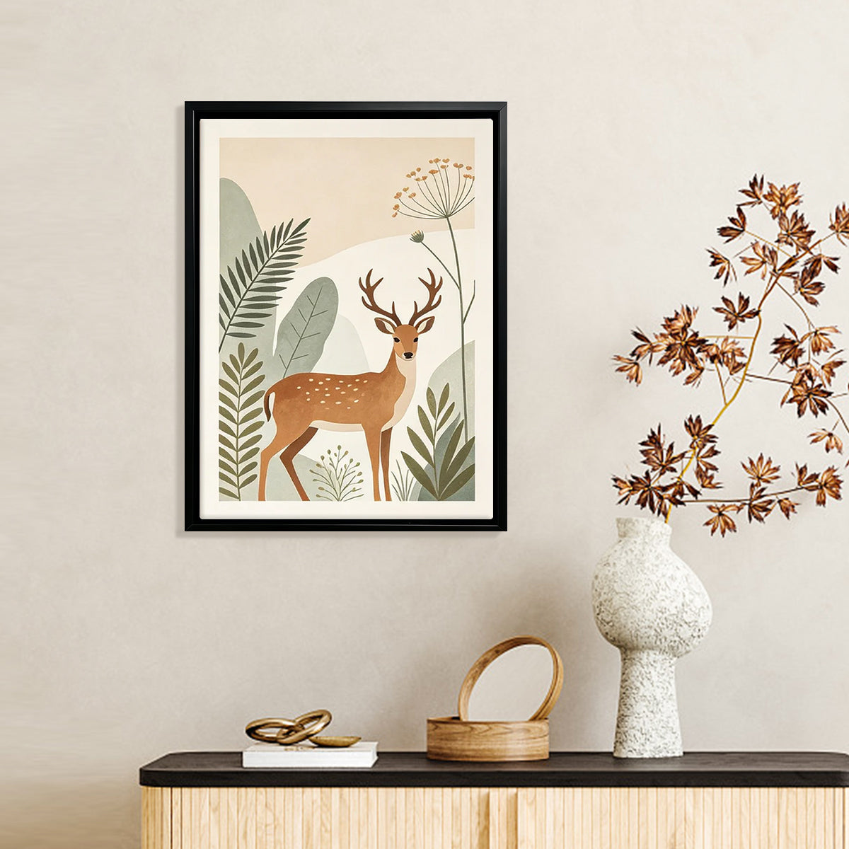 Framed Deer Art Print with Botanical Design, Modern Nordic Style, High-Quality Matte Finish, Perfect for Home Decor in Any Room