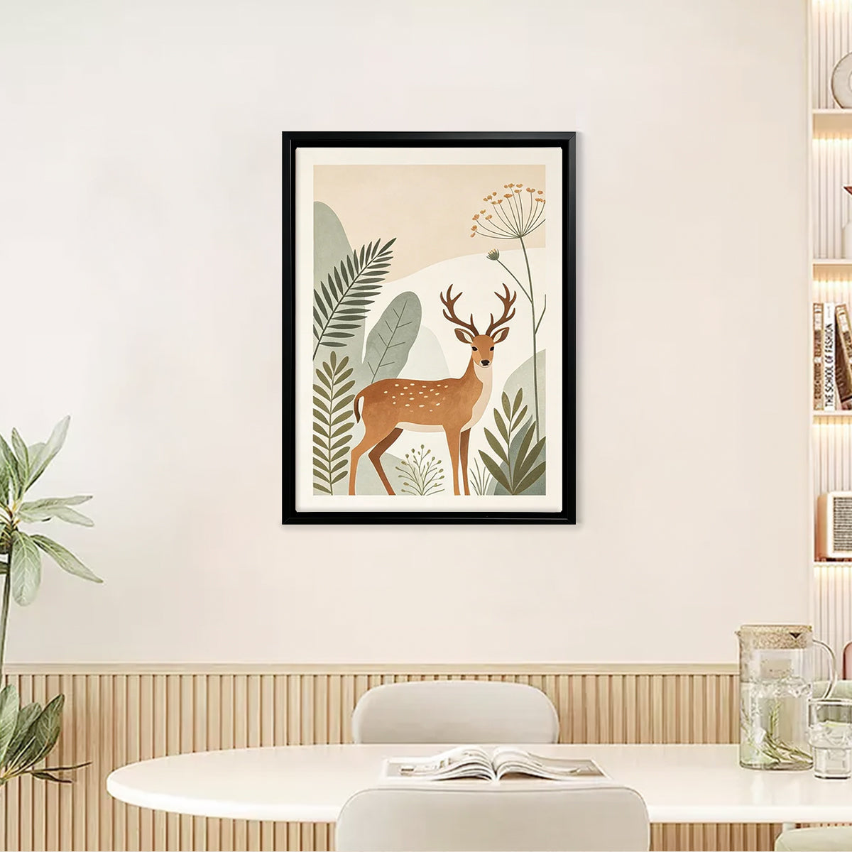 Framed Deer Art Print with Botanical Design, Modern Nordic Style, High-Quality Matte Finish, Perfect for Home Decor in Any Room
