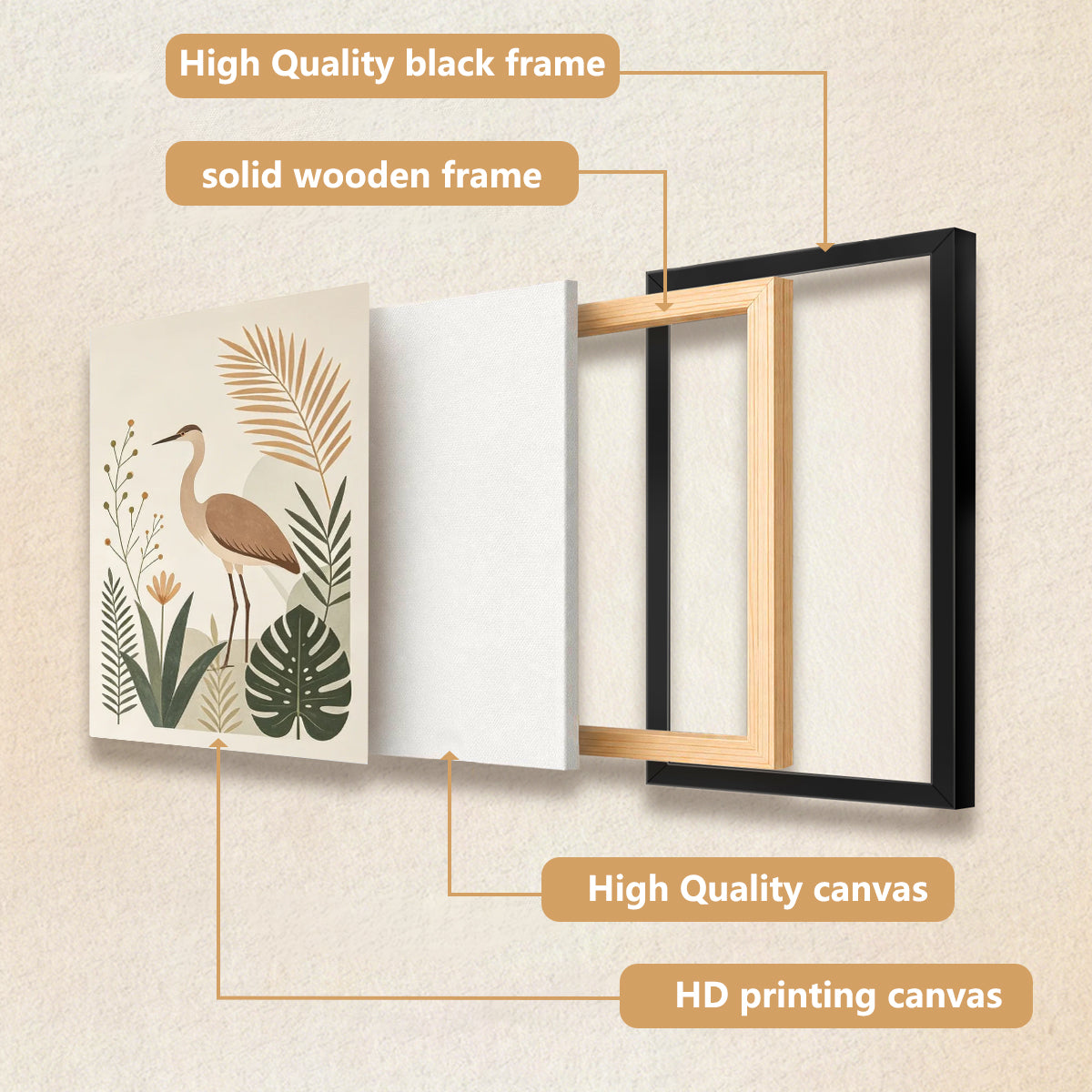 Framed Bird Art Print with Tropical Plants, Modern Home Decor, High-Quality Matte Finish