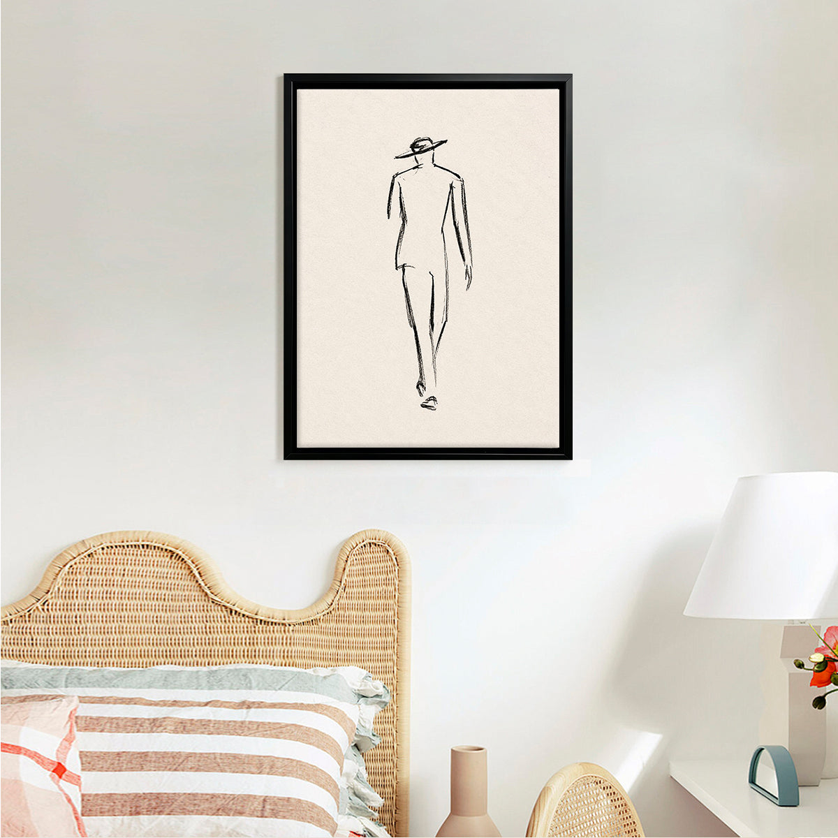 Minimalist Fashion Sketch Art Print, Elegant Line Drawing of a Walking Figure, Black Frame, Home Decor
