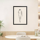 Minimalist Fashion Sketch Art Print, Elegant Line Drawing of a Walking Figure, Black Frame, Home Decor