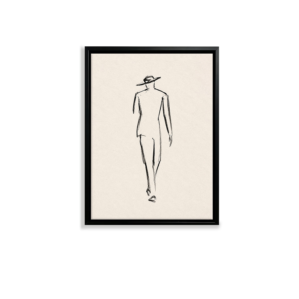 Minimalist Fashion Sketch Art Print, Elegant Line Drawing of a Walking Figure, Black Frame, Home Decor