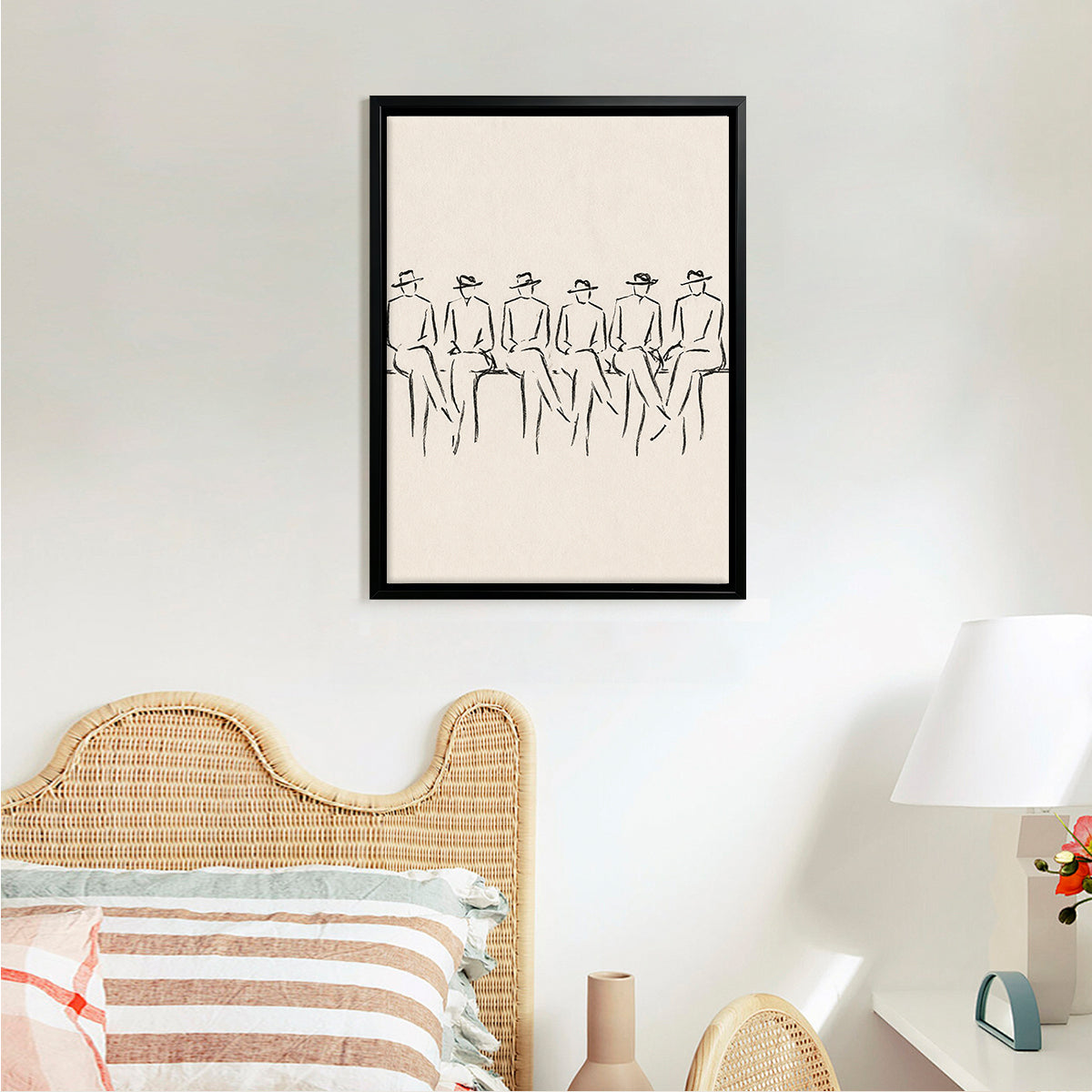 Minimalist Line Art Wall Print Featuring Six Seated Figures in Hats, Modern Home Decor for Living Room or Office