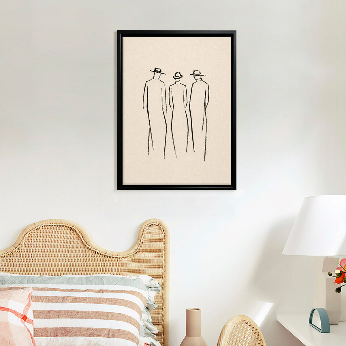 Minimalist Art Print Featuring Three Figures in Hats, Modern Black Frame, Home Decor for Living Room or Office