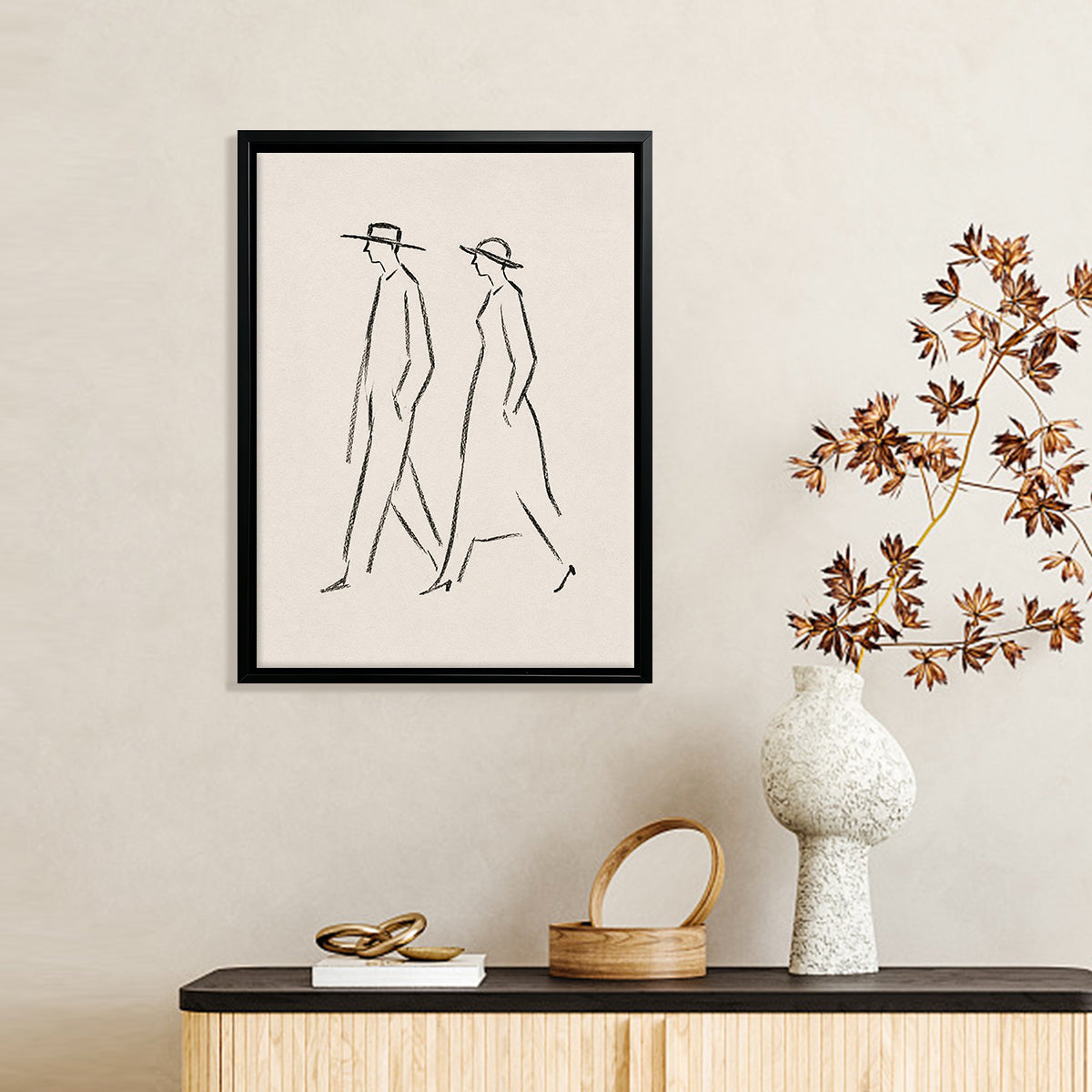 Minimalist Line Art Wall Print Featuring Walking Couple in Hats, Modern Home Decor, High-Quality Framed Art