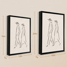 Minimalist Line Art Wall Print Featuring Walking Couple in Hats, Modern Home Decor, High-Quality Framed Art