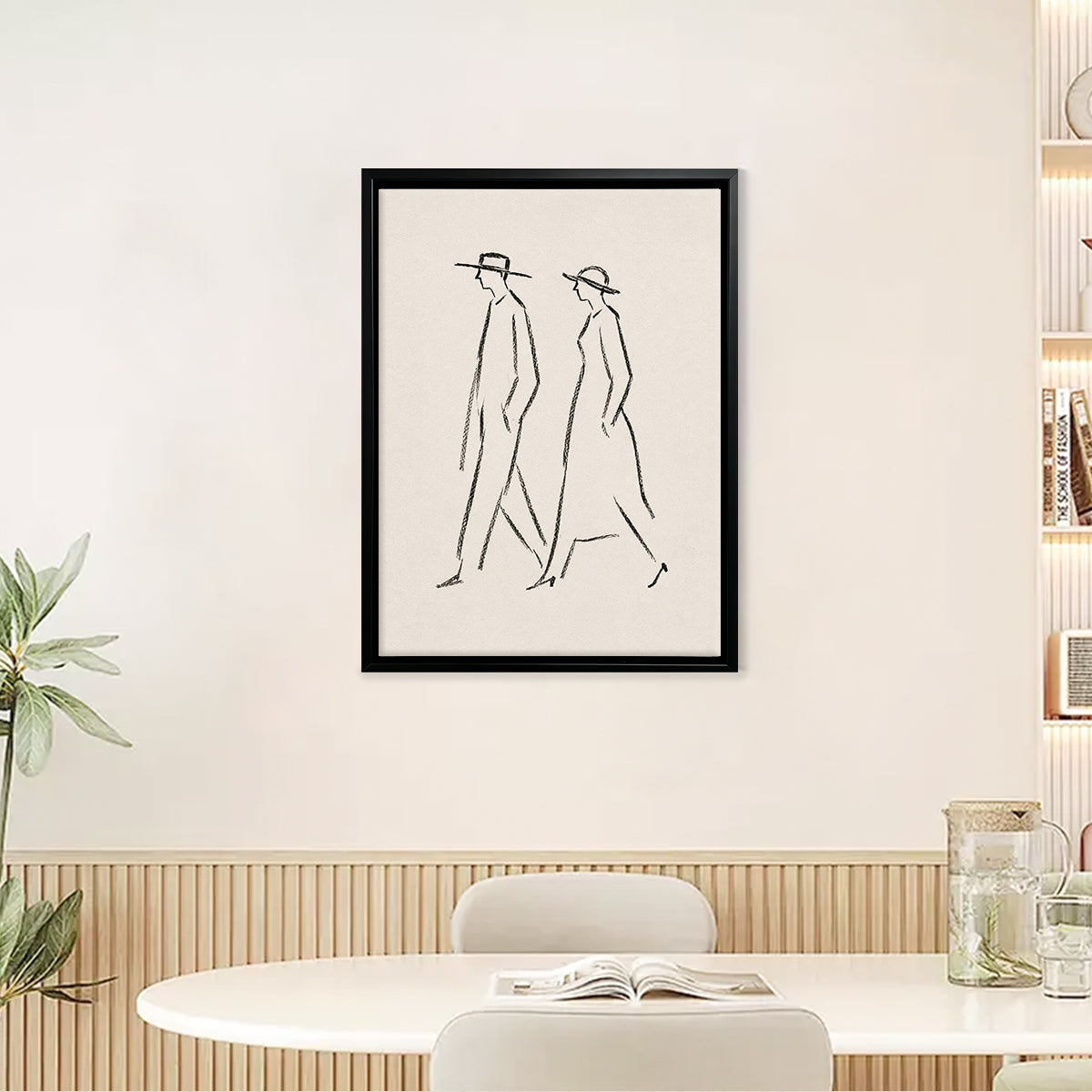 Minimalist Line Art Wall Print Featuring Walking Couple in Hats, Modern Home Decor, High-Quality Framed Art