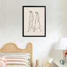Minimalist Line Art Wall Print Featuring Walking Couple in Hats, Modern Home Decor, High-Quality Framed Art