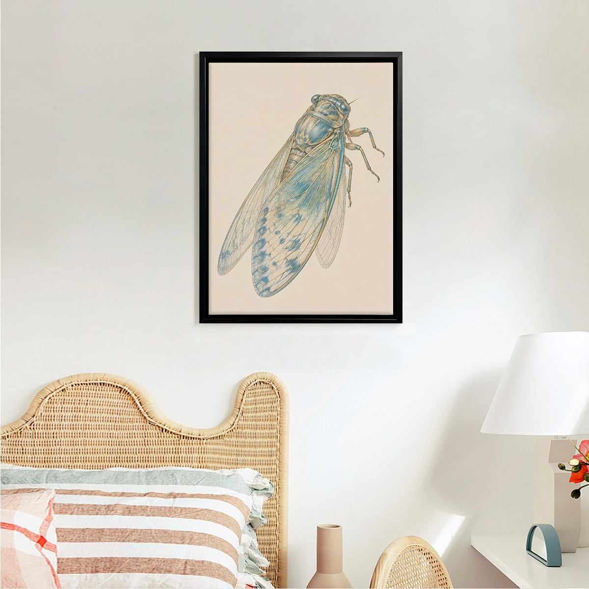 Framed Art Print of Blue Cicada Illustration, Vintage Style, High-Quality Giclee on Canvas, Perfect for Home Decor in Any Room
