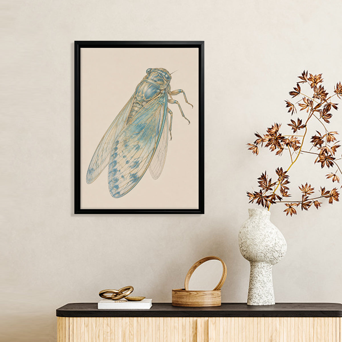 Framed Art Print of Blue Cicada Illustration, Vintage Style, High-Quality Giclee on Canvas, Perfect for Home Decor in Any Room