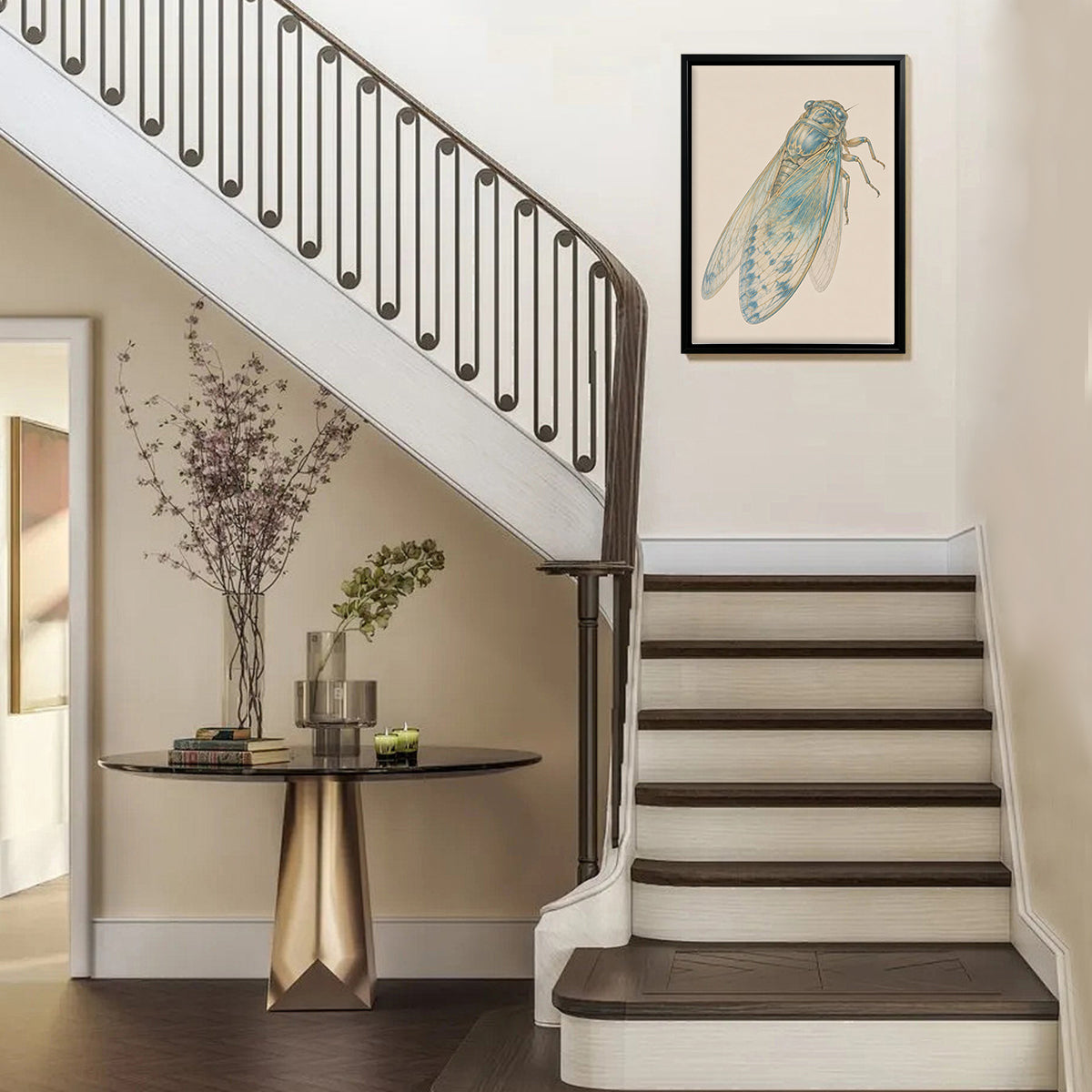 Framed Art Print of Blue Cicada Illustration, Vintage Style, High-Quality Giclee on Canvas, Perfect for Home Decor in Any Room