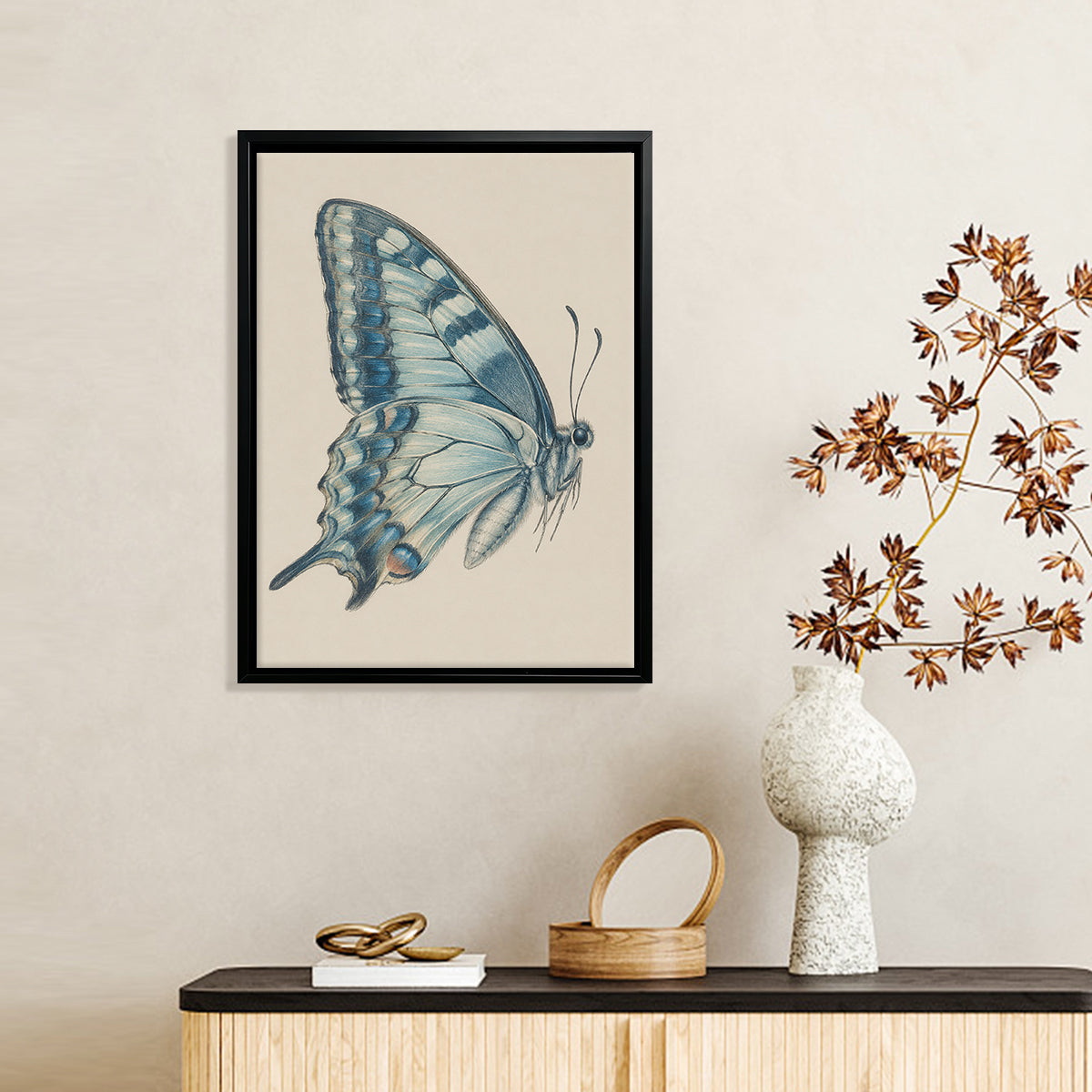 Framed Blue Butterfly Art Print, Vintage-Inspired Home Decor, High-Quality Giclee on Canvas, Perfect for Living Room or Bedroom