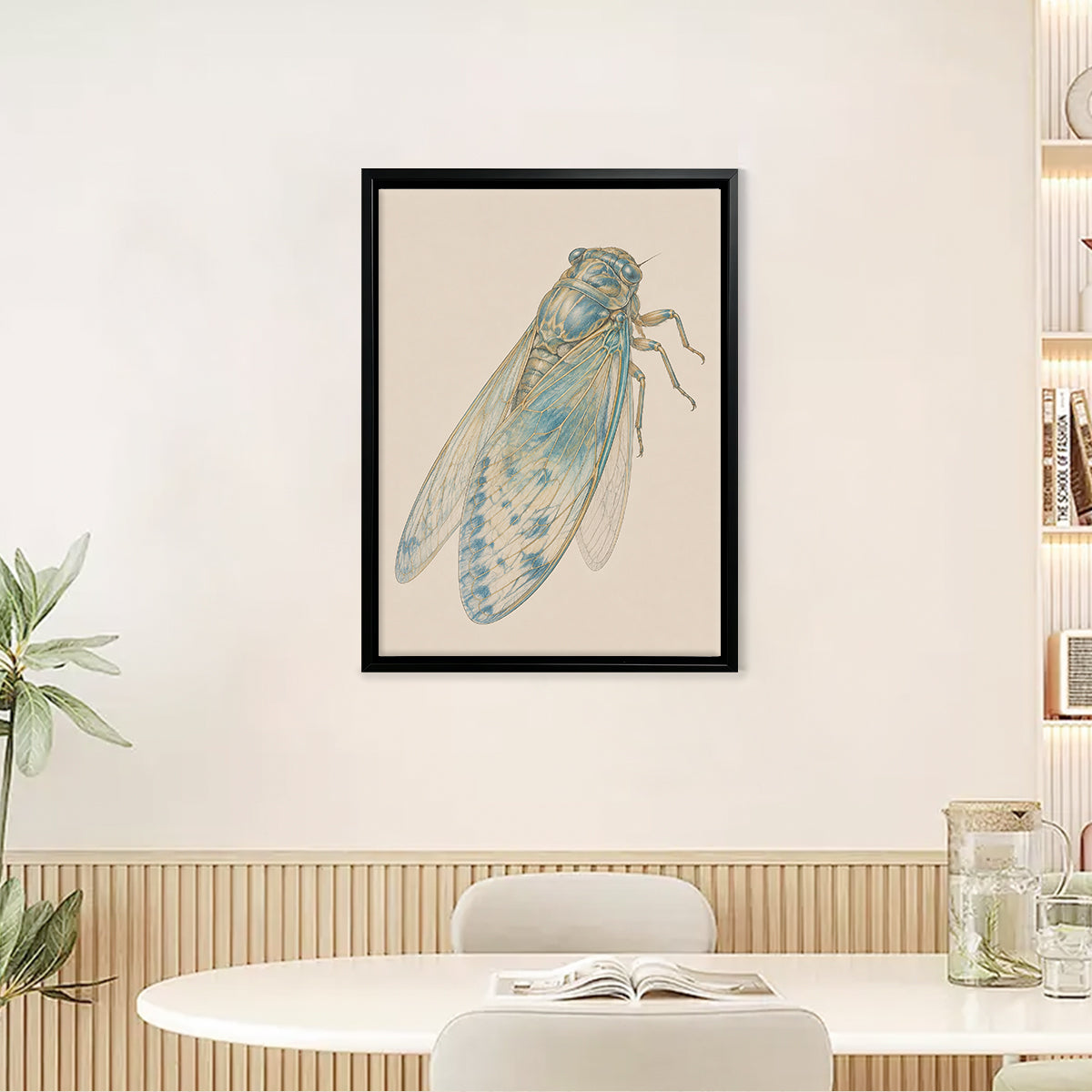 Framed Art Print of Blue Cicada Illustration, Vintage Style, High-Quality Giclee on Canvas, Perfect for Home Decor in Any Room