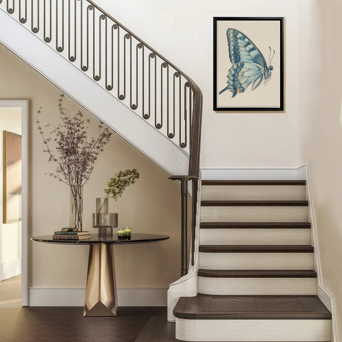 Framed Blue Butterfly Art Print, Vintage-Inspired Home Decor, High-Quality Giclee on Canvas, Perfect for Living Room or Bedroom