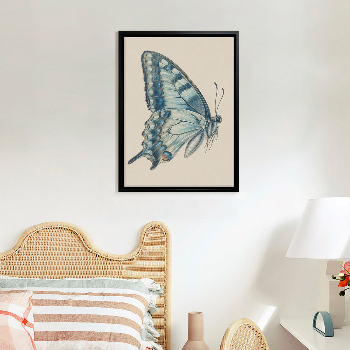 Framed Blue Butterfly Art Print, Vintage-Inspired Home Decor, High-Quality Giclee on Canvas, Perfect for Living Room or Bedroom