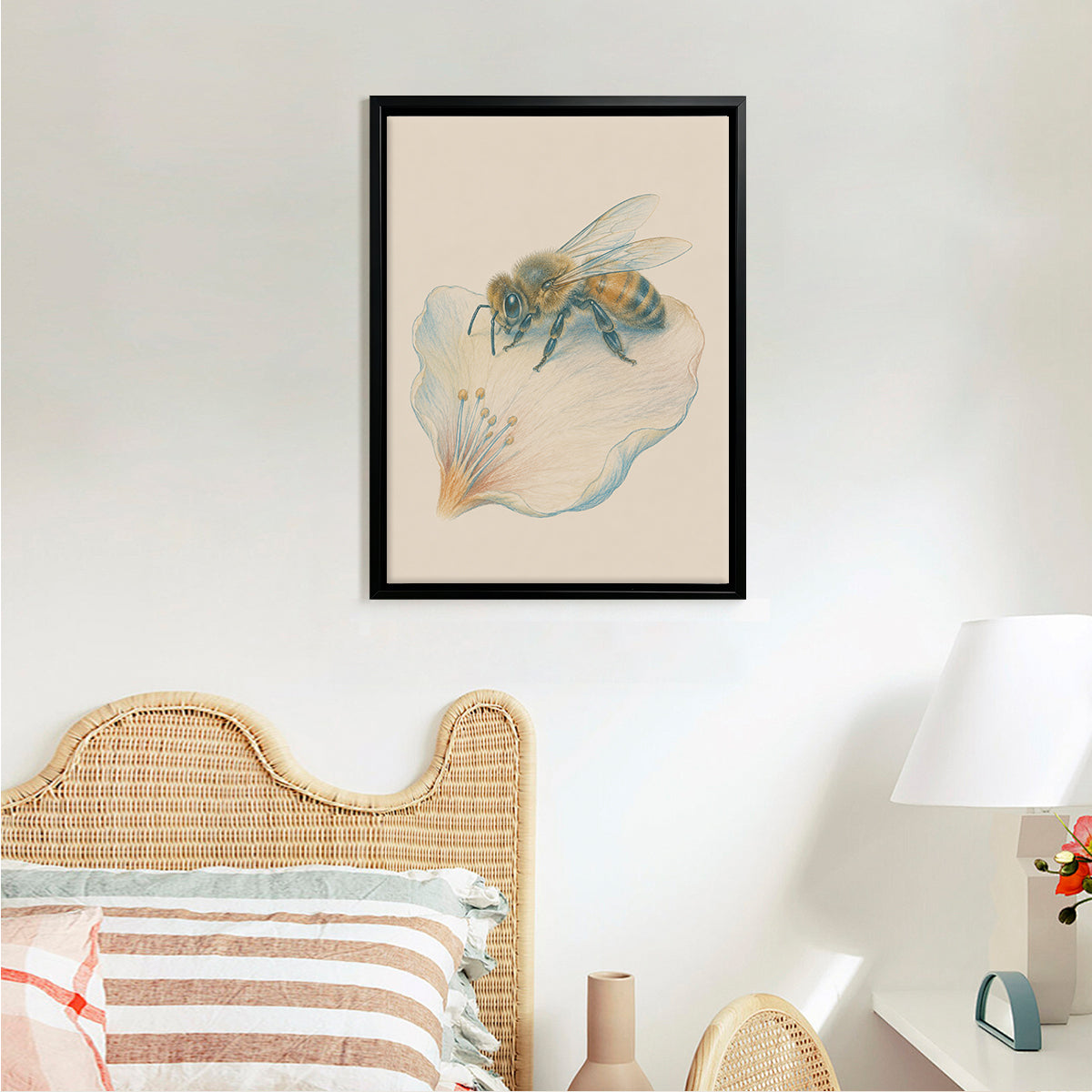 Framed Bee on Flower Art Print, Realistic Style, High-Quality Giclee, Perfect for Home Decor in Any Room