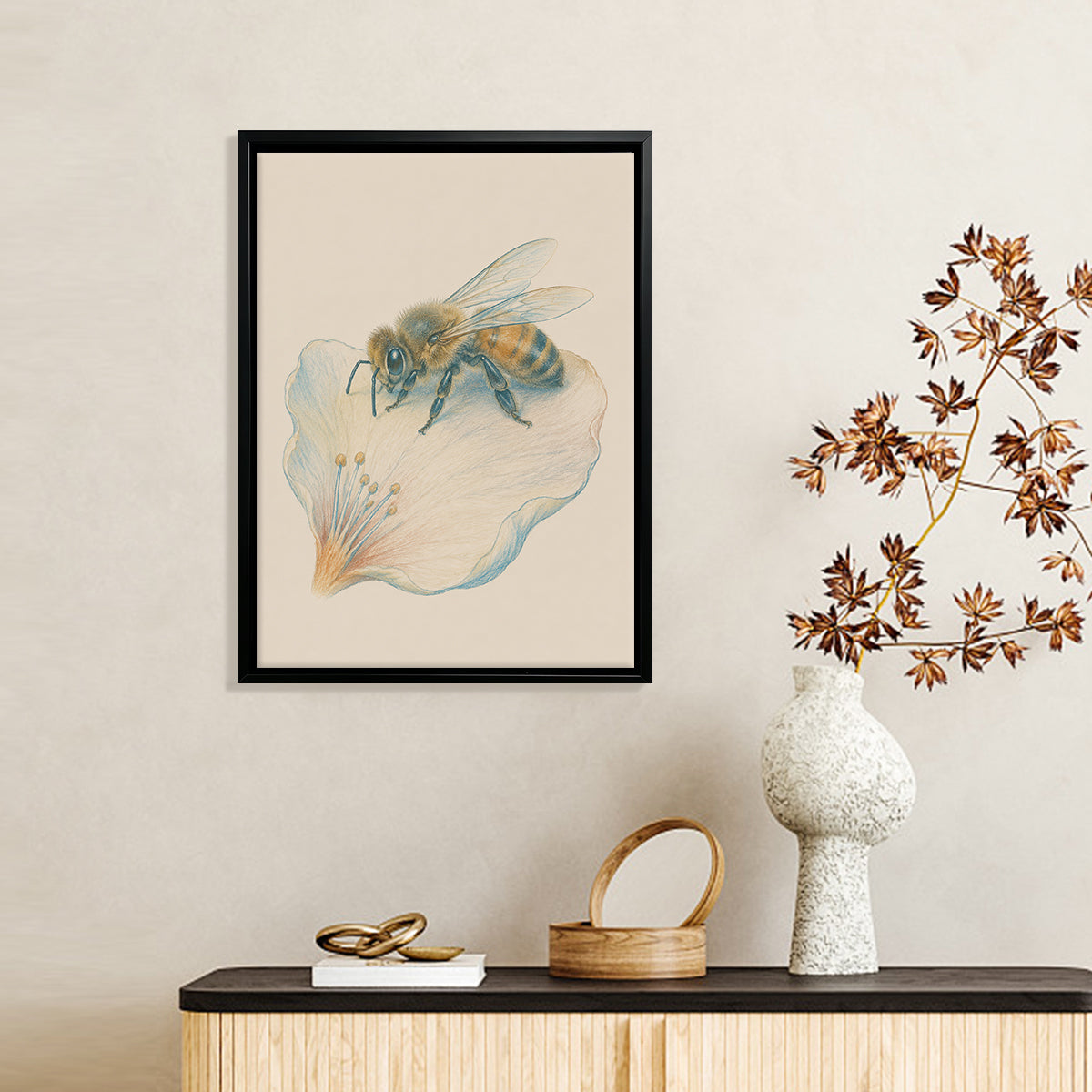 Framed Bee on Flower Art Print, Realistic Style, High-Quality Giclee, Perfect for Home Decor in Any Room