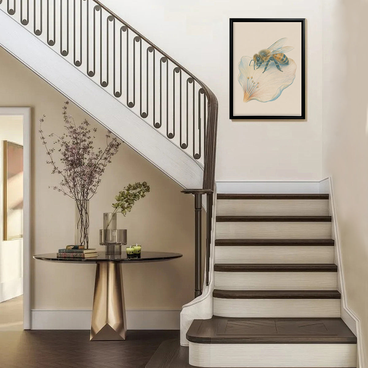 Framed Bee on Flower Art Print, Realistic Style, High-Quality Giclee, Perfect for Home Decor in Any Room