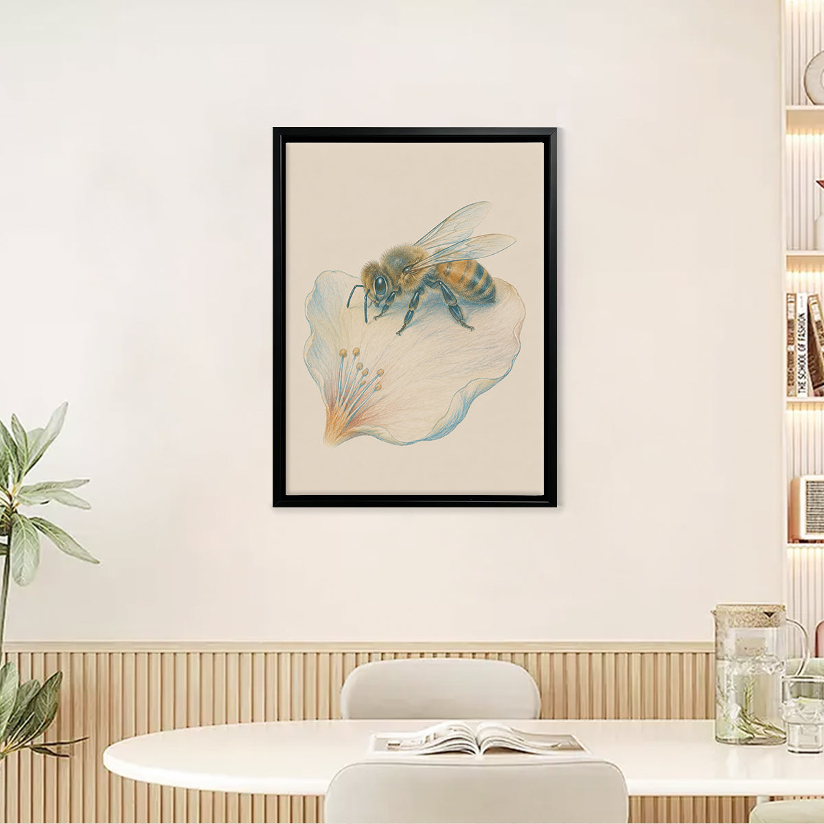 Framed Bee on Flower Art Print, Realistic Style, High-Quality Giclee, Perfect for Home Decor in Any Room