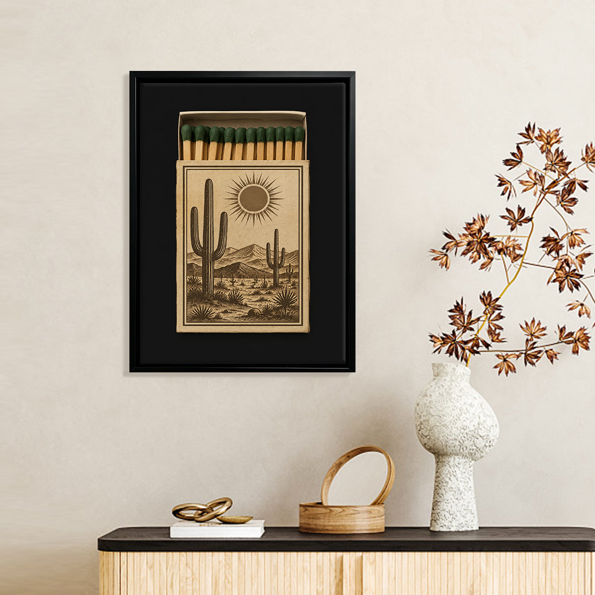 Framed Matchbox Art Featuring Desert Cacti and Sun, Vintage Style, Unique Home Decor for Any Room