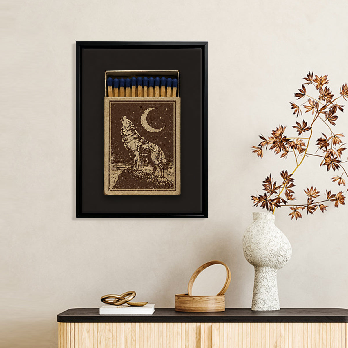 Framed Matchbox Art Featuring Howling Wolf Under Crescent Moon, Vintage Style, Unique Home Decor