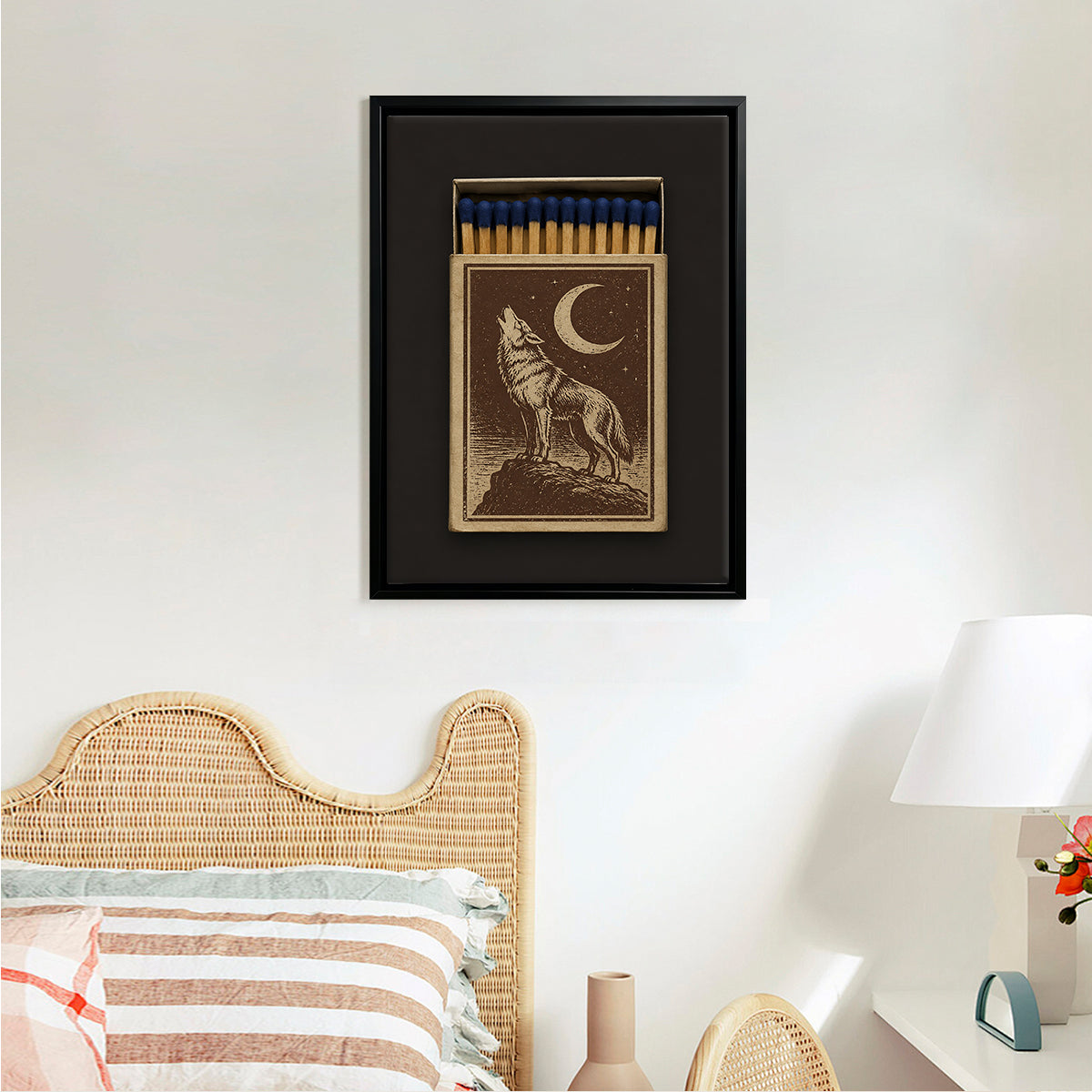 Framed Matchbox Art Featuring Howling Wolf Under Crescent Moon, Vintage Style, Unique Home Decor