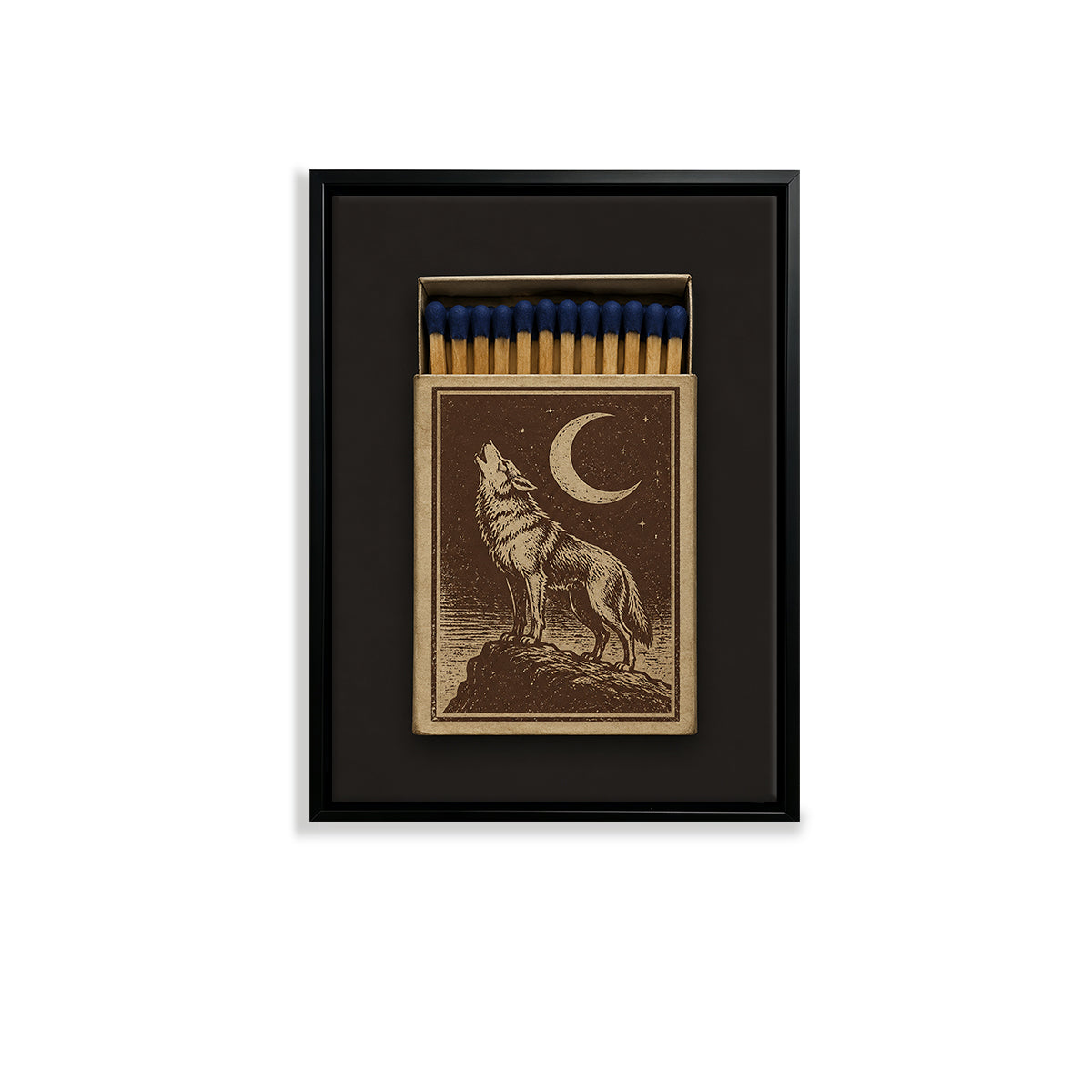 Framed Matchbox Art Featuring Howling Wolf Under Crescent Moon, Vintage Style, Unique Home Decor