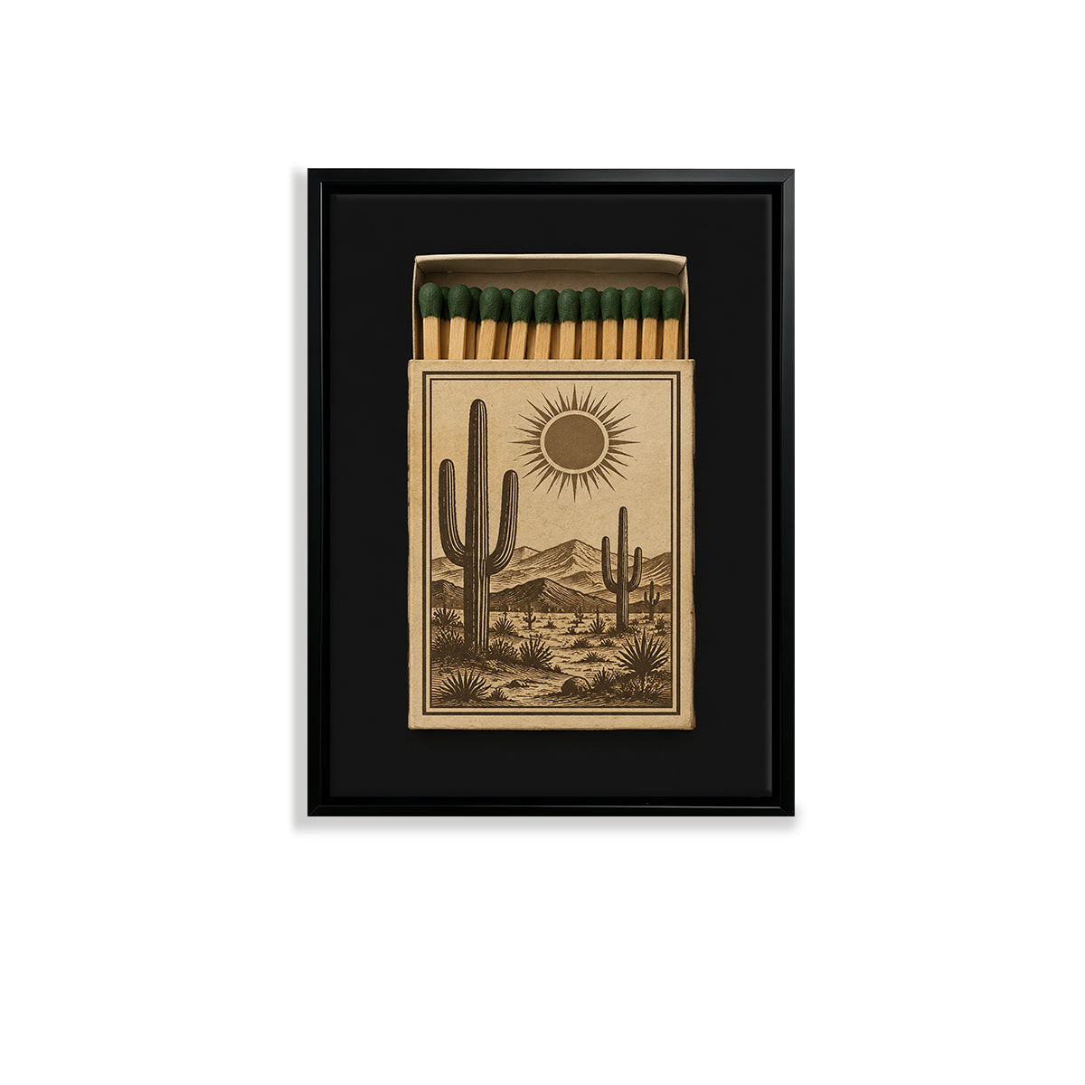 Framed Matchbox Art Featuring Desert Cacti and Sun, Vintage Style, Unique Home Decor for Any Room