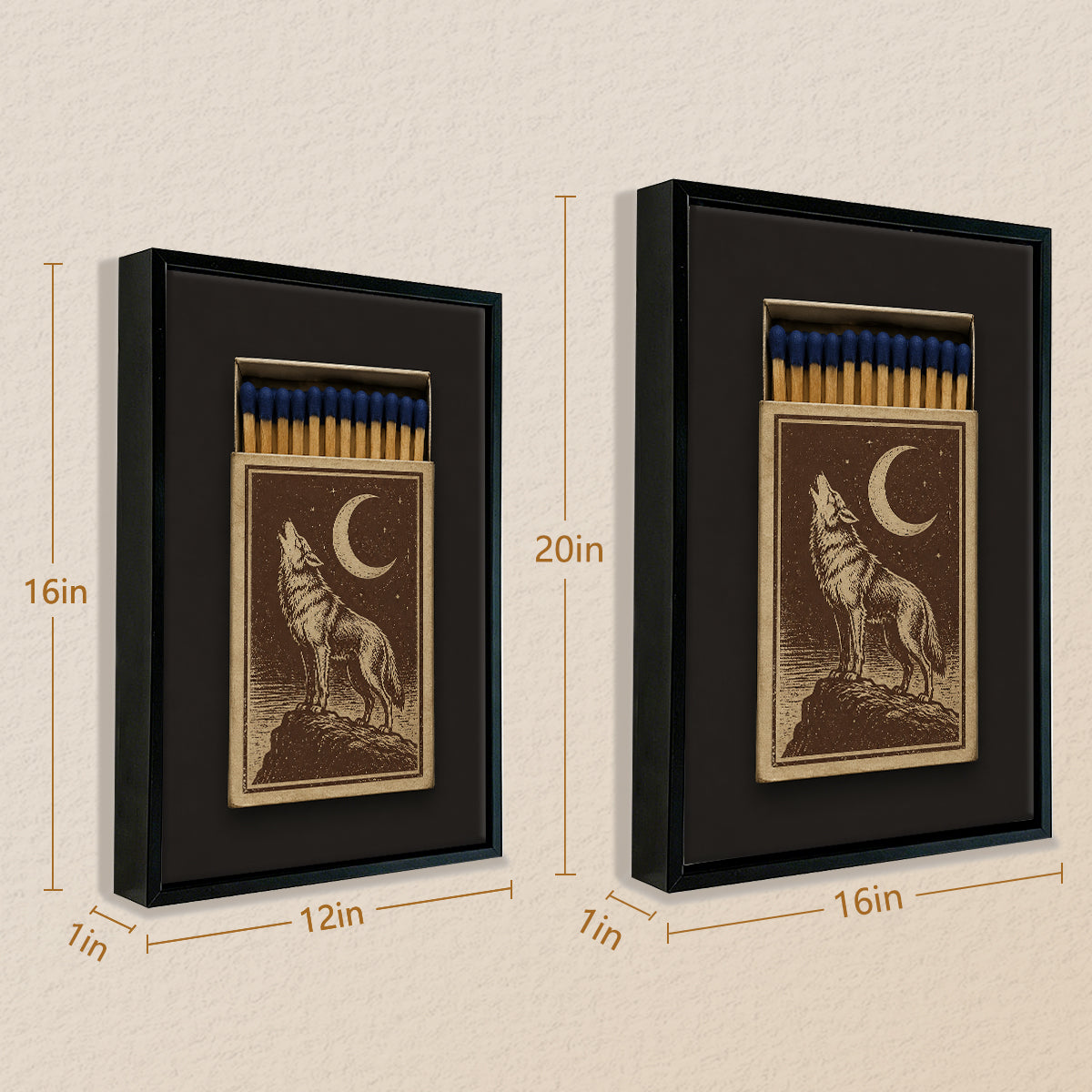 Framed Matchbox Art Featuring Howling Wolf Under Crescent Moon, Vintage Style, Unique Home Decor