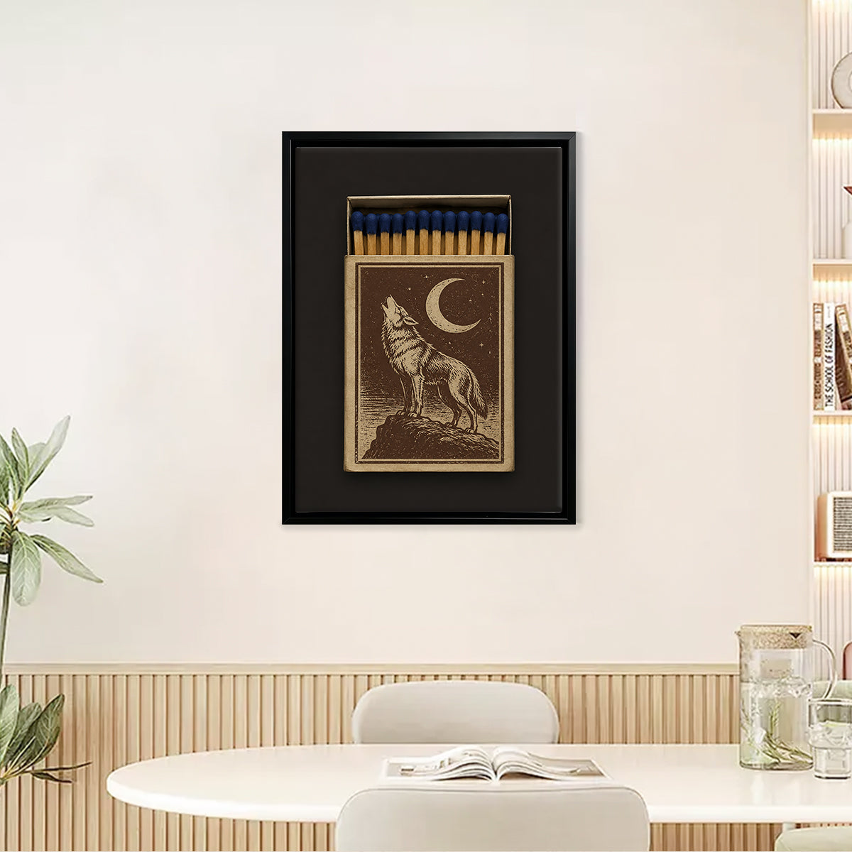 Framed Matchbox Art Featuring Howling Wolf Under Crescent Moon, Vintage Style, Unique Home Decor