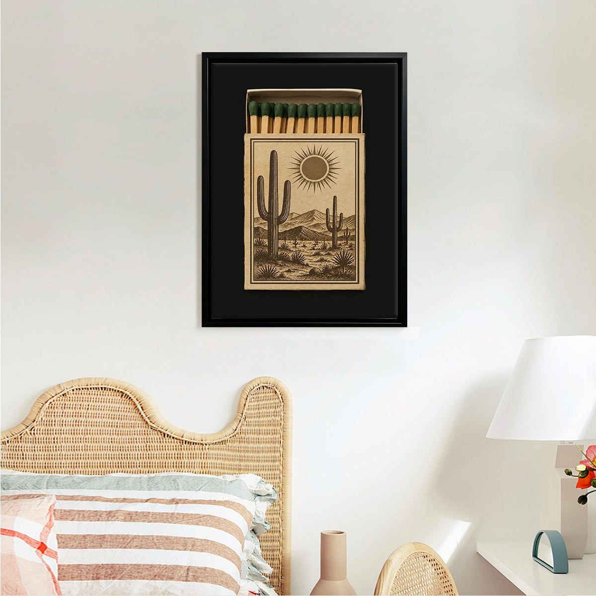 Framed Matchbox Art Featuring Desert Cacti and Sun, Vintage Style, Unique Home Decor for Any Room