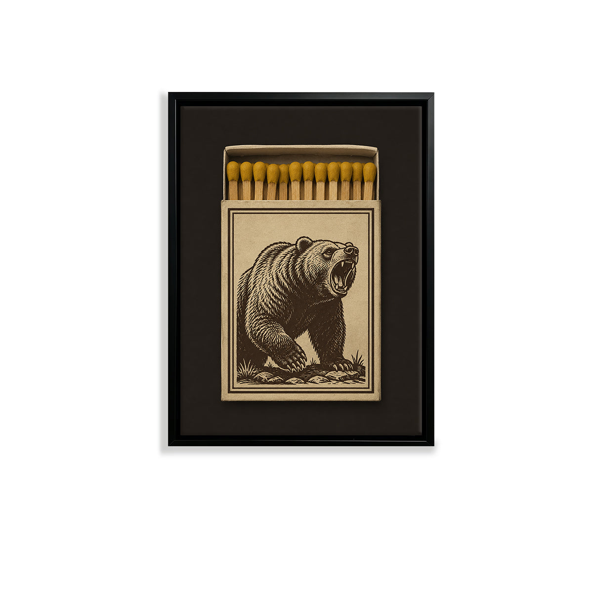 Vintage Matchbox Art Featuring a Roaring Bear, Framed Print with Real Matches, Perfect for Home Decor or Unique Gift